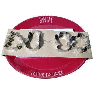 NEW in BOX Rae Dunn Red Santa's Cookie Exchange Platter Cookie Cutters Snowman